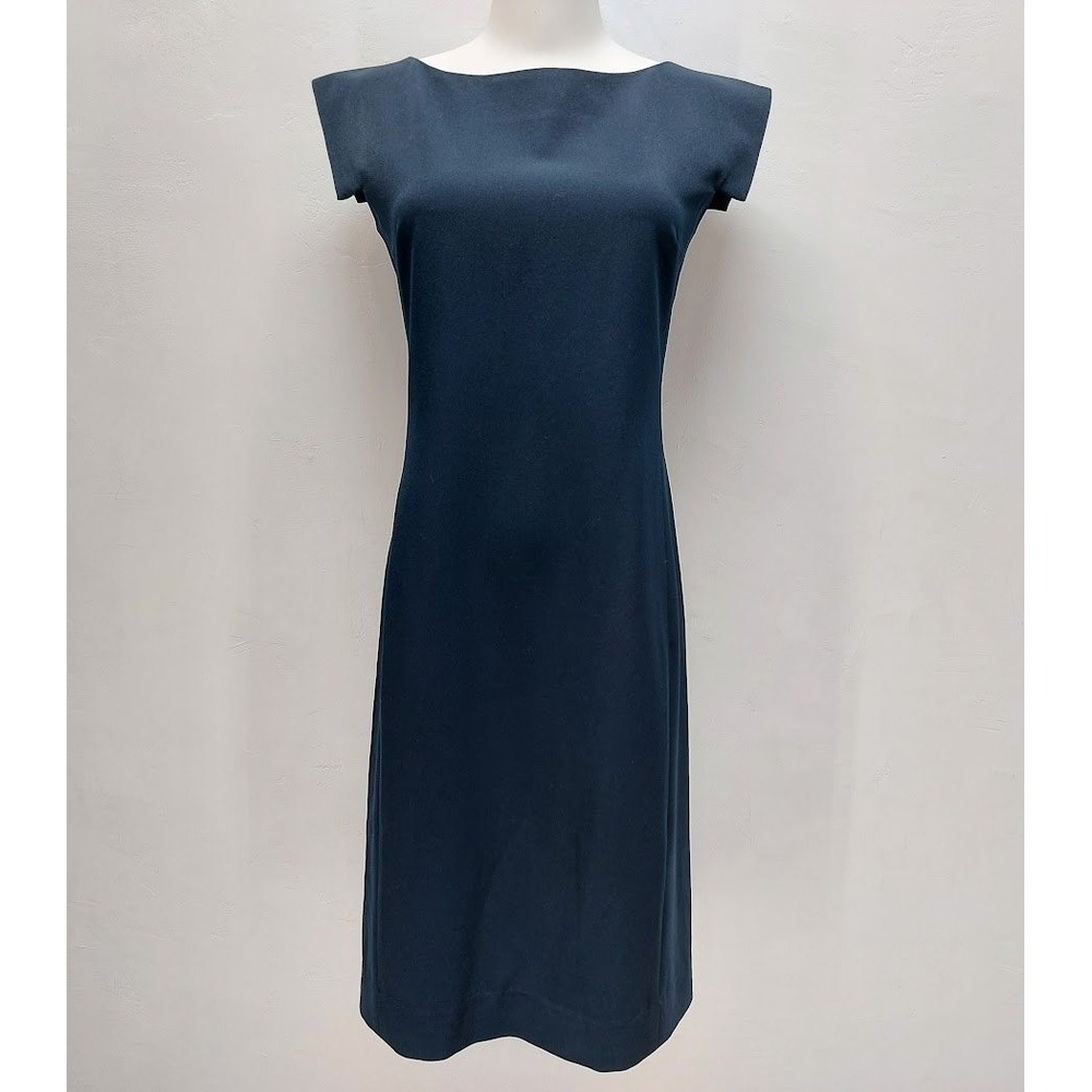M.M. LaFleur Sheath Dress Women's 2 Navy Blue Cap Sleeve Boat Neck Midi Office